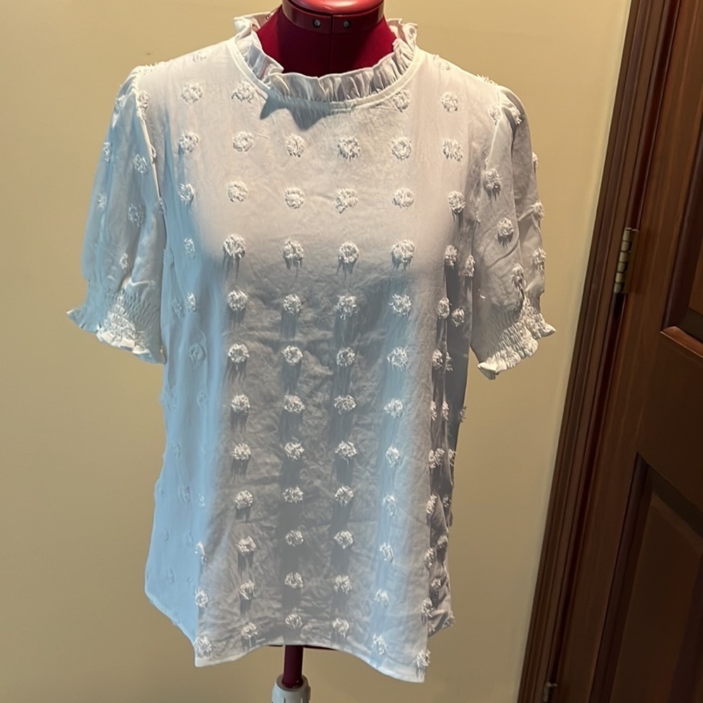 B     Top  blouse/ High Neck/ Short  Sleeves  Chenille dots  white    Size M